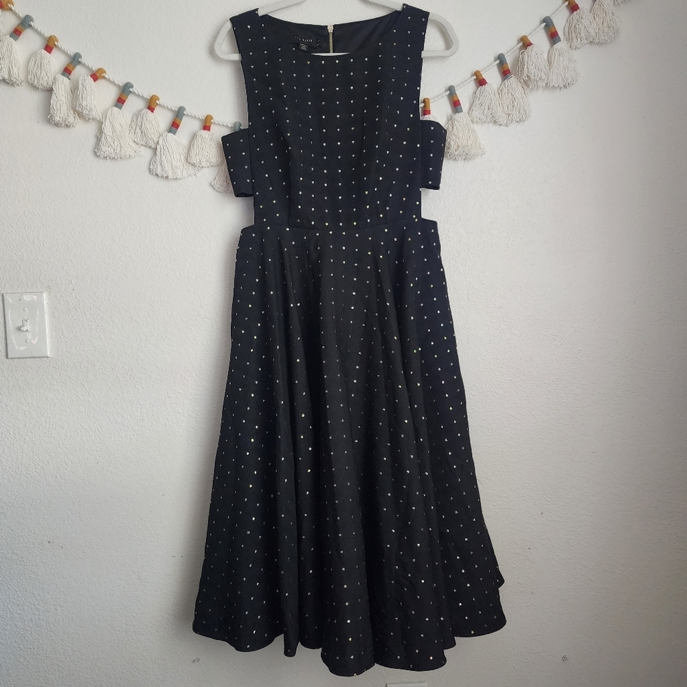Ted Baker Lysanda Jacquard Heart Shape Cutout Fit&Flare Black Midi Dress Party L